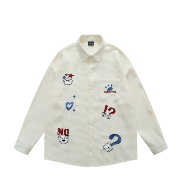 None Tops - White Waffle Knit Dog Embroidery Long Sleeve Shirt